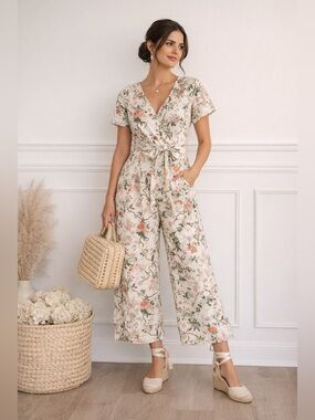 Gal Meets Glam Floral Jumpsuit Belted Cream Pink Green Wide Leg 6 cottage